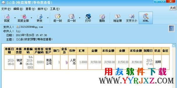 用友T+自动给操作员发送的一份邮件预警消息提示图示