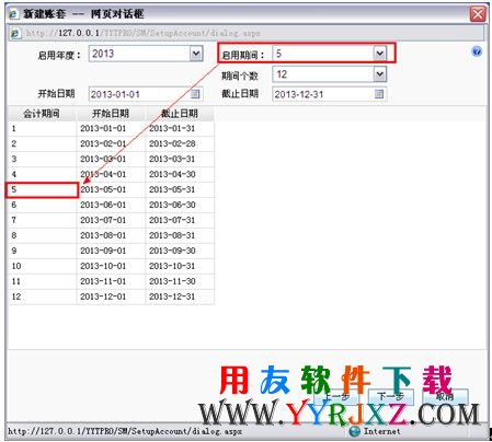 在用友T+中设置启用期间为5月的图示