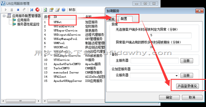 用友U8加密服务管理界面