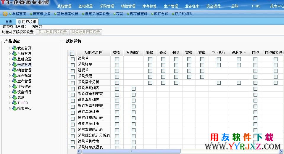 用友T3企管通11.3Plus1权限控制界面图示